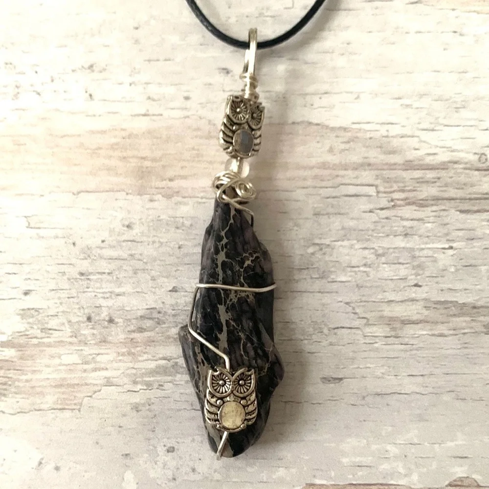 Silver Owl Black Marble Stone Pendant Necklace Women’s Jewelry Brand NEW